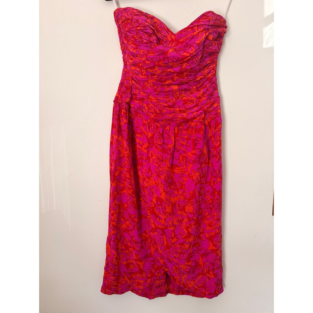 Silk Studio Vintage 100% Silk Strapless Ruched Midi Dress Pink Orange Floral Sz8